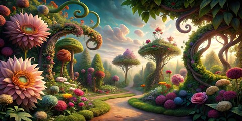 Fototapeta premium Whimsical and fantastical garden with oversized flowers and twisting vines, colorful blooms, fantastical garden
