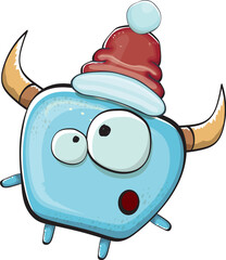 Vector cartoon funky blue monster with Santa Claus red hat isolated on white background. Funny and cute Childrens Merry Christmas greeting card with funny monster elf Santa Claus character.