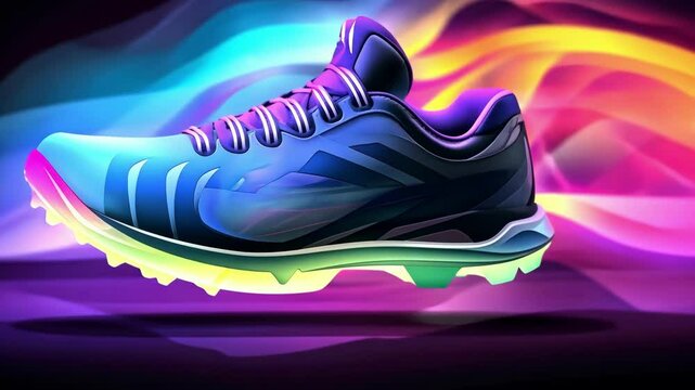 Futuristic neon sneaker with vibrant rainbow trail on dark background