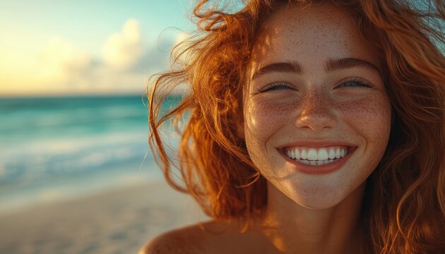 Happy Woman Smiling at the Beach, Joyful and Confident, Radiant with Positivity, Laughter, Sun, Summer, Happiness, Fun, Travel, Vacation, Beach Vibes, Summertime, Relaxation, Sea, Ocean, Sky, Sunset