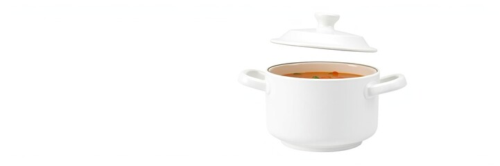 Obraz premium White ceramic pot soup tureen with a lid and handles, perfect for serving soups and stews, soup, stews