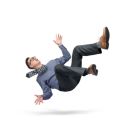 Situation, a man in office clothes, a tie and glasses falls from heaven to earth, isolated on a transparent background png.