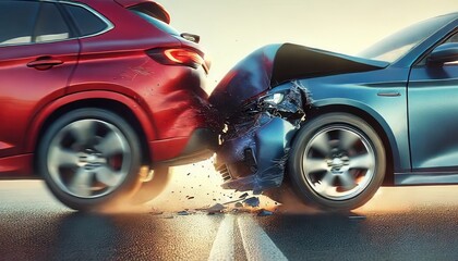 Close-Up Side View of a Rear-End Collision Between Red and Blue SUVs on a Foggy Road &ndash; Vehicle Safety