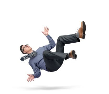 Situation, a man in office clothes, a tie and glasses falls from heaven to earth, isolated on a transparent background png. - Powered by Adobe