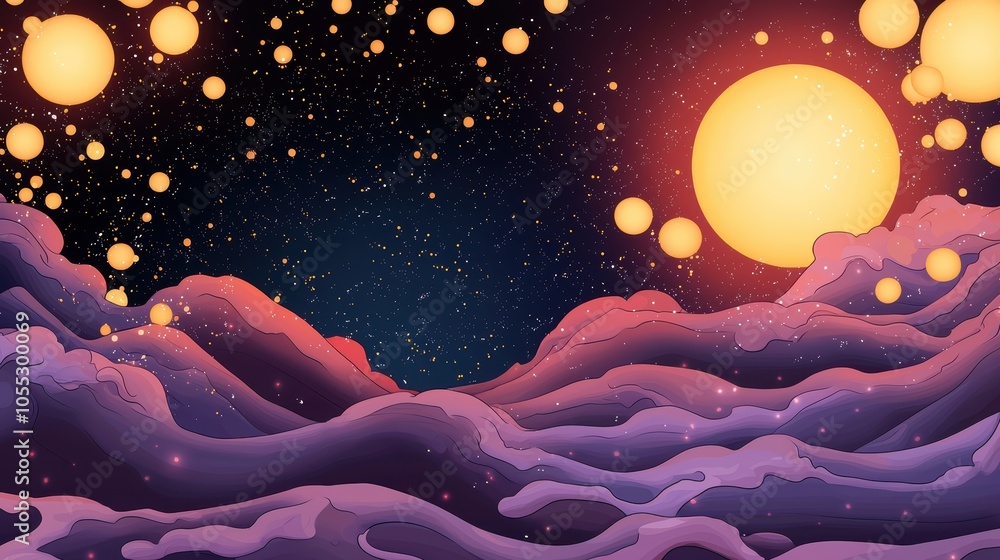 Poster a cosmic landscape of waves and celestial bodies exploring the harmony of color and light in an othe