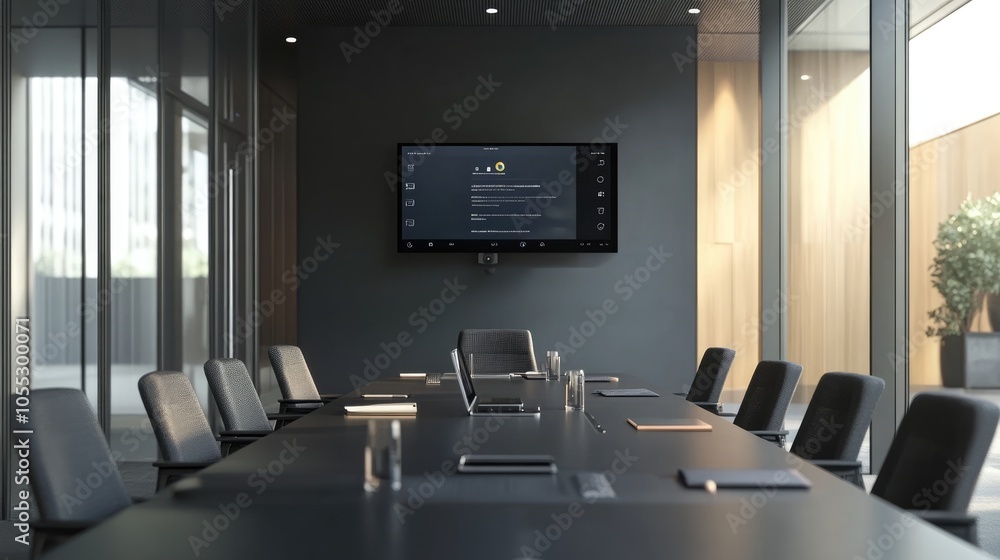 Poster modern conference room with large display screen and minimalist design