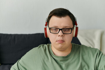 A young man with Down syndrome relaxes at home, listening to music through headphones.