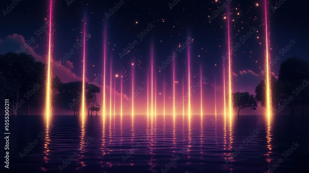 Poster mesmerizing evening reflections a vibrant display of light and serenity on water with celestial star