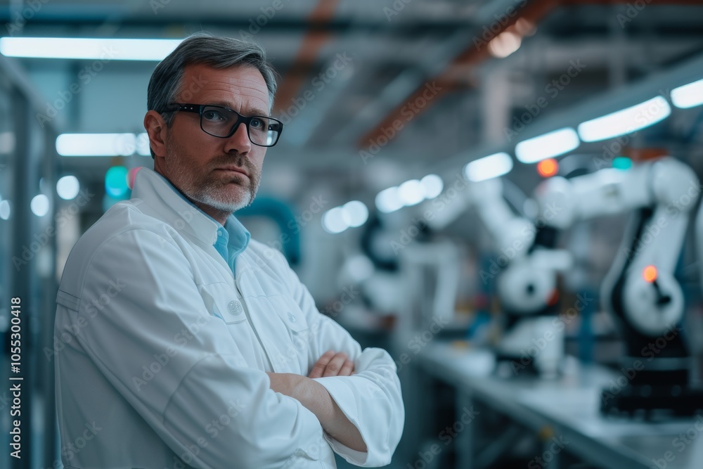 Poster a technician evaluates advanced robotics technology in a modern manufacturing facility during daylig
