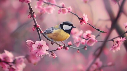 Naklejka premium Bird Perched on Blooming Pink Tree Branch
