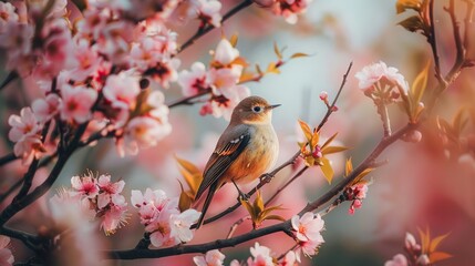 Bird Perched on Peach Blossom Branch