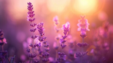 Obraz premium Lavender flowers blooming at sunset with a soft, warm bokeh background Shades of purple and pink create a tranquil atmosphere Perfect for nature and floral themes