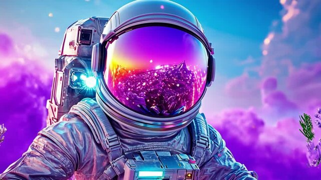 Astronaut exploring a vibrant alien landscape with reflective helmet