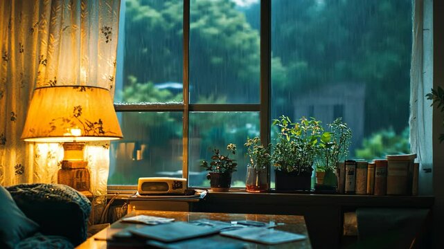A lamp illuminates a cozy living room as rain falls outside the window