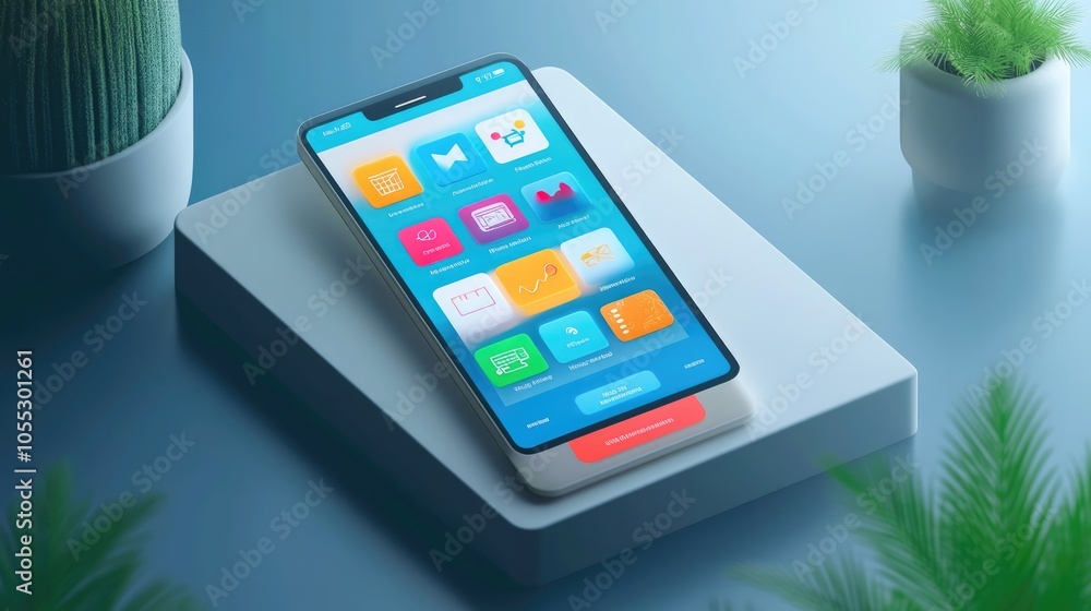 Poster colorful smartphone displaying a mobile app with icons