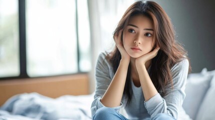 A woman is sitting on a bed with her hands on her head