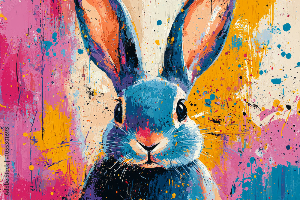 Poster a vibrant blue rabbit with large ears stands out against a colorful abstract background featuring sp