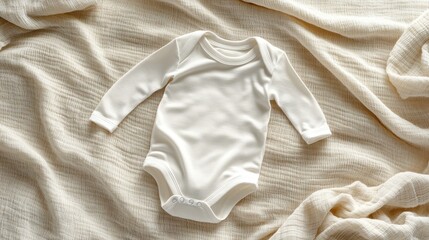 A cozy white bodysuit is arranged on a textured beige blanket glowing in warm light