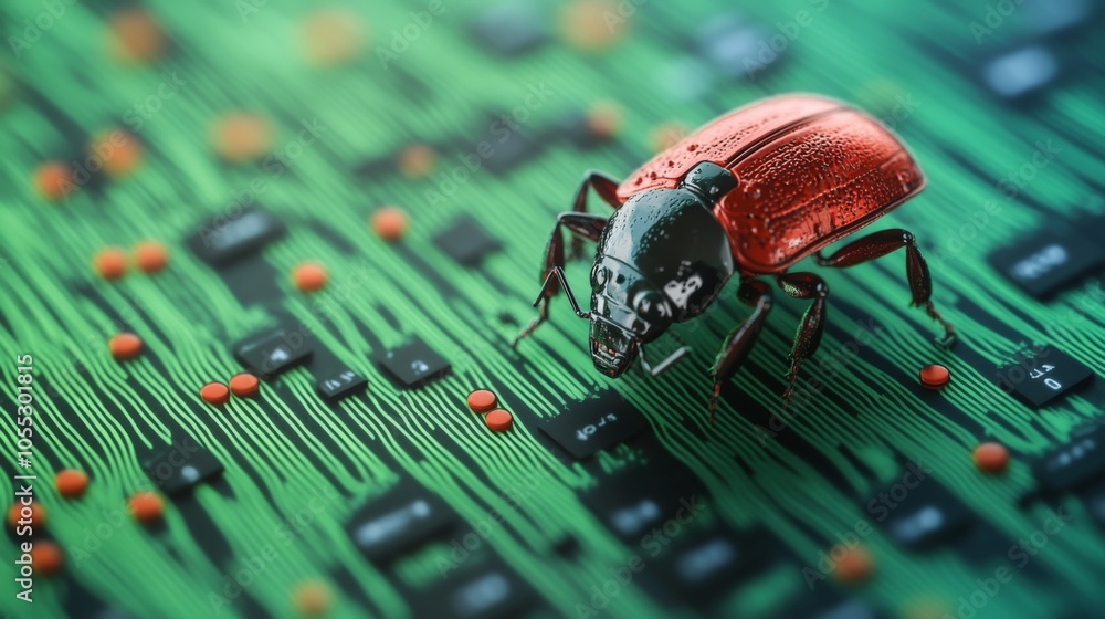 Poster a red bug is on a green circuit board