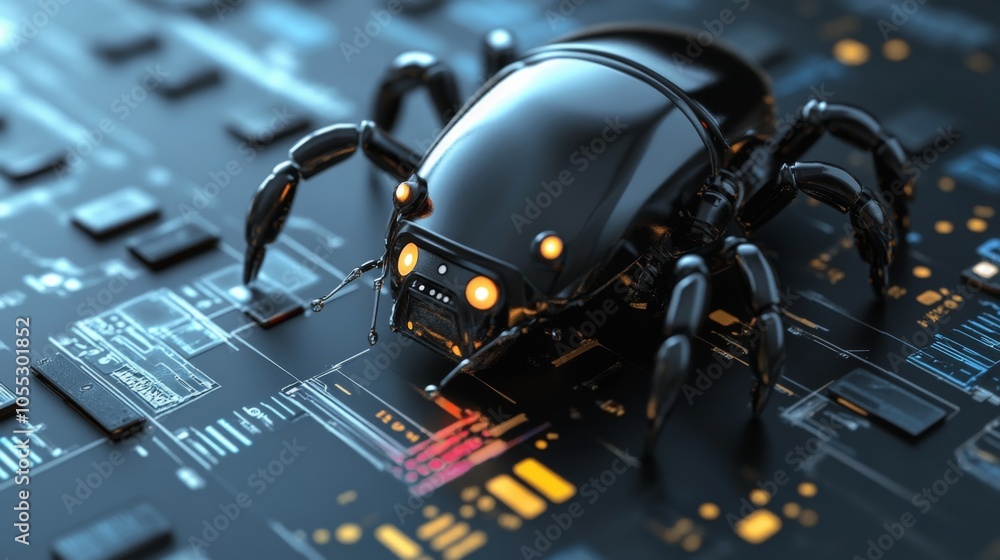 Poster a black robot bug is crawling on a black computer board