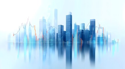 Modern City Skyline with High-Rise Buildings and Transparent Blue Tones Featuring Minimalistic Data Graph Overlay, Highlighting Financial Growth Concept and Futuristic Architecture in Clean