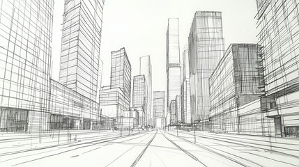 Urban sketch of a modern cityscape with towering skyscrapers and wide streets. Ideal for concepts of architecture, and city planning. Perfect for architectural presentations, or urban-themed projects.
