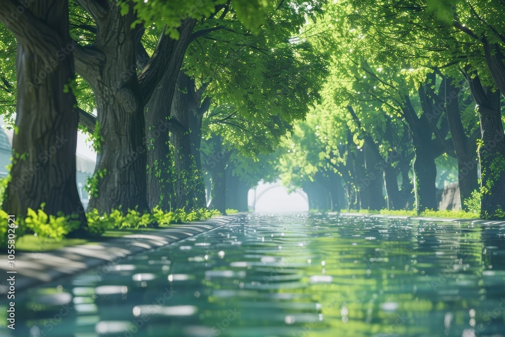 Aufkleber tranquil waterway scene with lush greenery and sunlight filtering through trees, creating a serene a