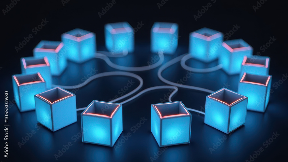 Poster a network of interconnected blue cube modules with red edges, forming a pattern reminiscent of a fut