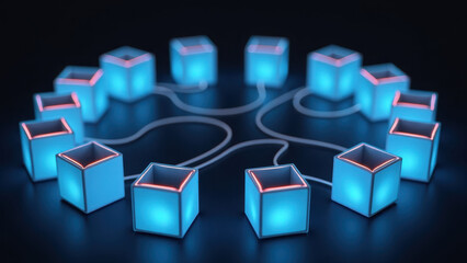 A network of interconnected blue cube modules with red edges, forming a pattern reminiscent of a futuristic or modular structure.