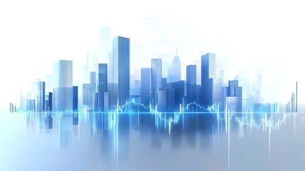 Futuristic Cityscape with Skyscrapers and Transparent Data Overlay, Featuring Digital Finance Aesthetic in Blue and White Tones, Reflecting Economic Growth and Technology-Driven Urban Landscape