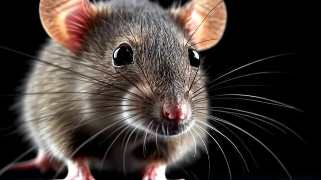 A close-up of a rat's face, with its whiskers and large eyes on display