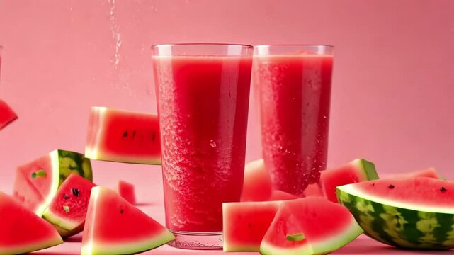 Refreshing watermelon smoothie with floating fruit cubes
