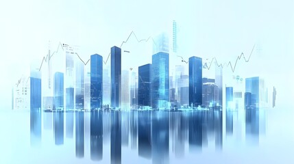 Fototapeta premium Futuristic Cityscape with Skyscrapers and Transparent Data Overlay, Featuring Digital Finance Aesthetic in Blue and White Tones, Reflecting Economic Growth and Technology-Driven Urban Landscape
