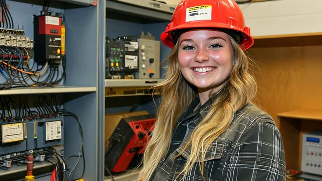 A young woman in a hard hat smiles while working on an electrical panel