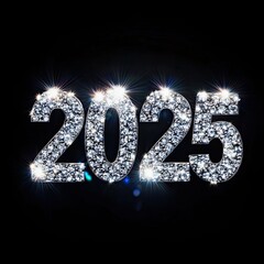 2025 made of sparkling diamonds shining brightly on the black background. New Year's concept.