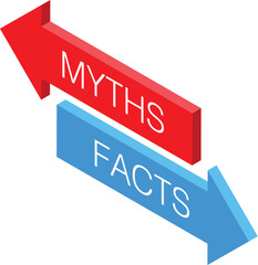 Red and blue arrows pointing in opposite directions with the words myths and facts written on them, representing the contrast between truth and misinformation