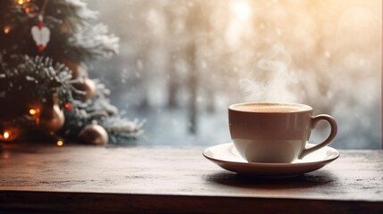 Cup of coffee with steam next to a Christmas tree on a background of a winter landscape