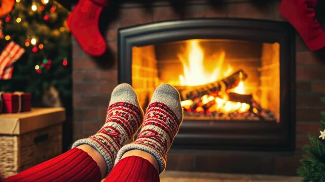 Feet in wool socks with Christmas pattern on the background of burning fireplace. A cozy winter evening. New Year.