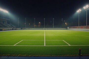 Fototapeta premium football stadium prepared for the evening match. View of the football stadium field. sports background for advertising. 