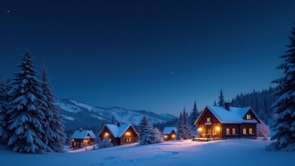 A snowy village under a starlit sky features cozy wooden cabins glowing with warm light, surrounded by majestic mountains and frosted pine trees.
