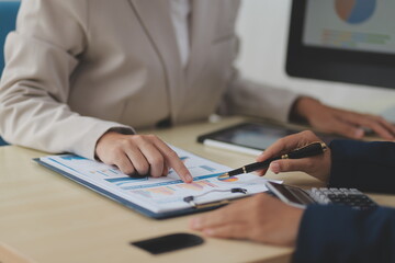 Fototapeta premium Business Documents, Auditor businesswoman checking searching document legal prepare paperwork or report for analysis TAX time,accountant Documents data contract partner deal in workplace office