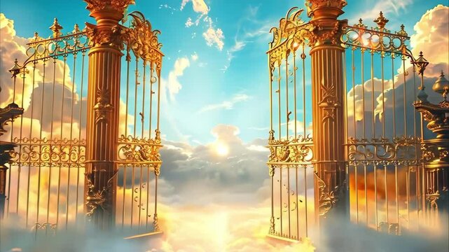 A pair of ornate golden gates opening into a bright, cloud-filled sky with a serene, ethereal atmosphere.