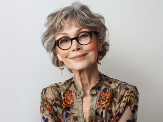 Femme élégante avec lunettes de 50 à 60 ans en blouse chemise devant un ordinateur sur fond blanc : portrait d'une salariée au travail, sénior et femme dans le monde de l'entreprise