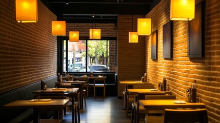 Modern Urban Eatery with Warm Lighting and Simple Decor