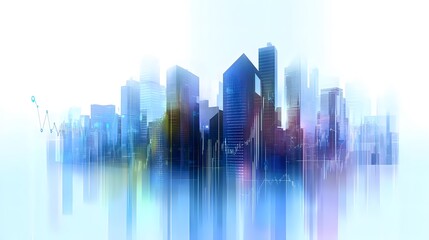 City Skyline Blended with Financial Graphs Using Double Exposure Effect, Featuring Transparent Buildings, Tech-Inspired Colors, and Digital Analytics for Economic Data Visualization in Futuristic