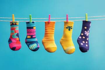 Brightly colored fun socks hanging on clothesline against blue background, showcasing various patterns and designs that evoke cheerful atmosphere