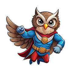 Cute chibi character art sticker of an owl super hero player on a white background.