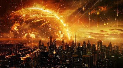 Futuristic Cityscape with Fiery Sky