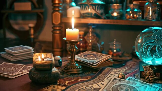 Mystical tarot and crystal ball setup with candlelight ambiance