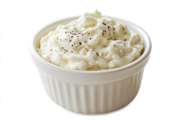 Cottage Cheese Isolated. Chunky White Fresh Curd in Ceramic Bowl on White Background